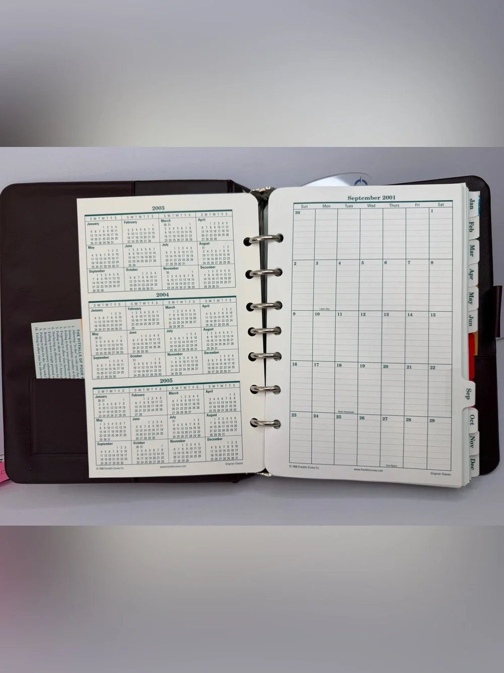 Franklin Covey Classic 7 Ring Leather Planner Binder Brown Year 2001 Organizer